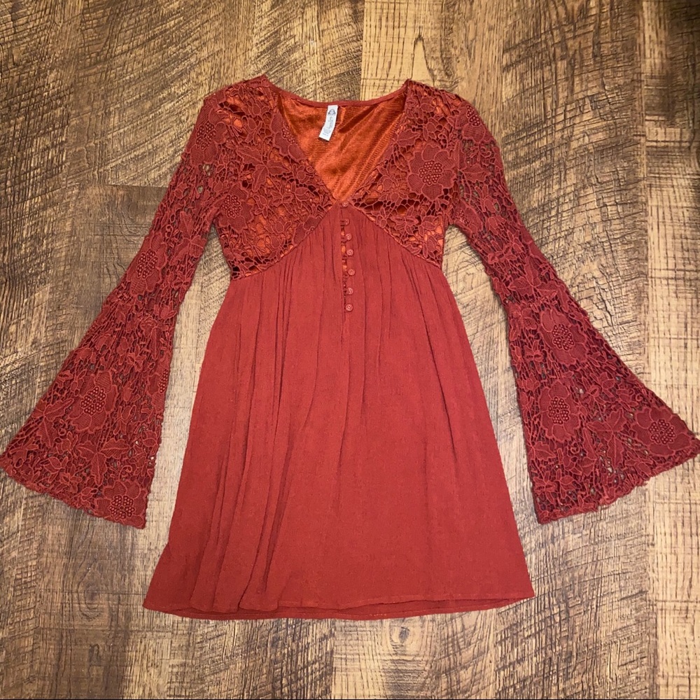 Rust lace bell sleeve dress with buttons